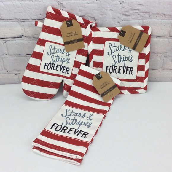🇺🇸Patriotic 🇺🇸3 Pc. Kitchen Set 4th Of July Dish Towel Pot Holder Oven Mitt - Picture 1 of 9